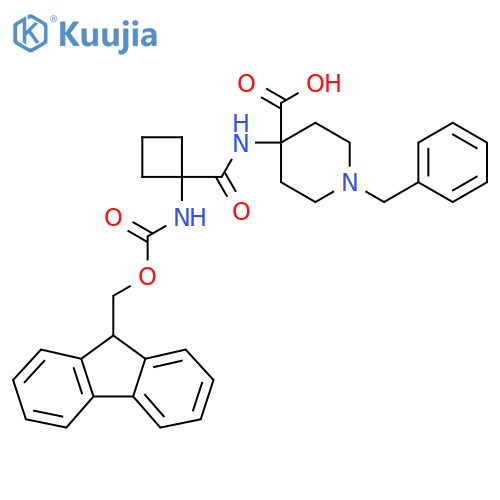 1-benzyl-4-1-({(9H-fluoren-9-yl)methoxycarbonyl}amino)cyclobutaneamidopiperidine-4-carboxylic acid structure