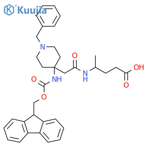 4-{2-1-benzyl-4-({(9H-fluoren-9-yl)methoxycarbonyl}amino)piperidin-4-ylacetamido}pentanoic acid structure