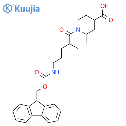 1-5-({(9H-fluoren-9-yl)methoxycarbonyl}amino)-2-methylpentanoyl-2-methylpiperidine-4-carboxylic acid structure