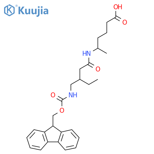 5-{3-({(9H-fluoren-9-yl)methoxycarbonyl}amino)methylpentanamido}hexanoic acid structure
