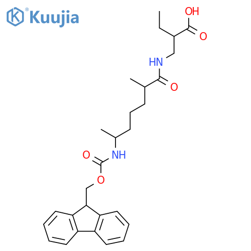 2-{6-({(9H-fluoren-9-yl)methoxycarbonyl}amino)-2-methylheptanamidomethyl}butanoic acid structure