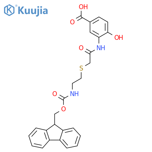 3-(2-{2-({(9H-fluoren-9-yl)methoxycarbonyl}amino)ethylsulfanyl}acetamido)-4-hydroxybenzoic acid structure