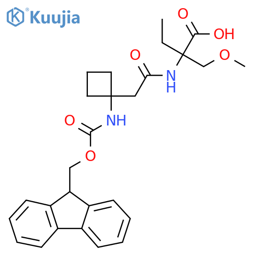 2-{2-1-({(9H-fluoren-9-yl)methoxycarbonyl}amino)cyclobutylacetamido}-2-(methoxymethyl)butanoic acid structure