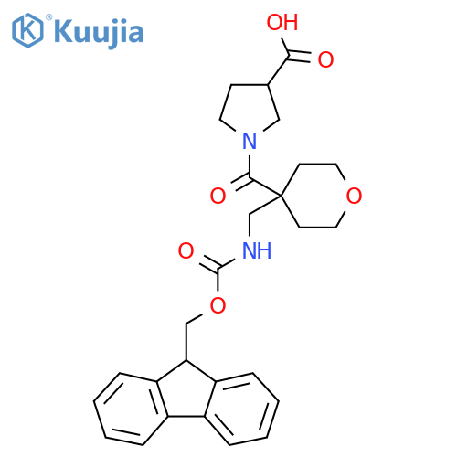 1-{4-({(9H-fluoren-9-yl)methoxycarbonyl}amino)methyloxane-4-carbonyl}pyrrolidine-3-carboxylic acid structure