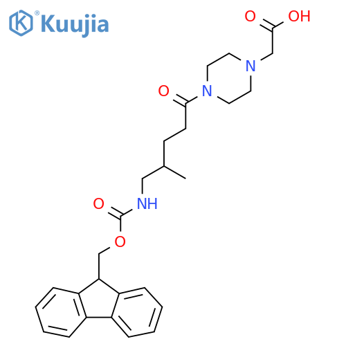 2-{4-5-({(9H-fluoren-9-yl)methoxycarbonyl}amino)-4-methylpentanoylpiperazin-1-yl}acetic acid structure