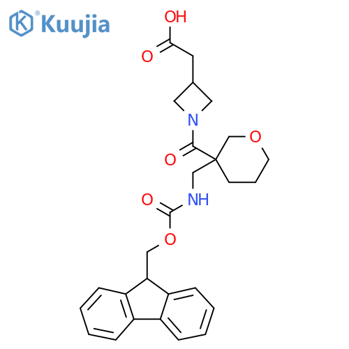 2-(1-{3-({(9H-fluoren-9-yl)methoxycarbonyl}amino)methyloxane-3-carbonyl}azetidin-3-yl)acetic acid structure