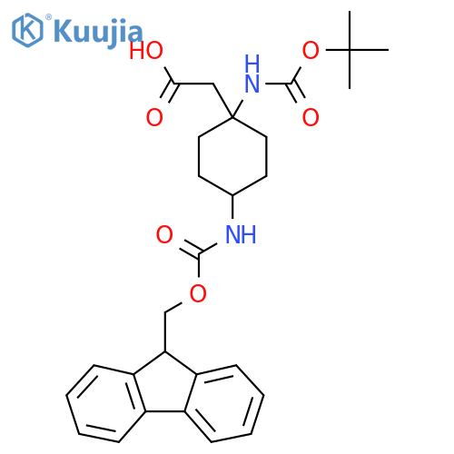 2-(1-{(tert-butoxy)carbonylamino}-4-({(9H-fluoren-9-yl)methoxycarbonyl}amino)cyclohexyl)acetic acid structure