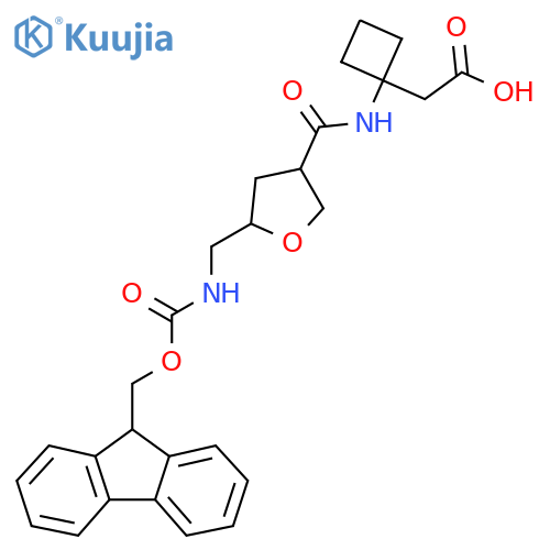 2-(1-{5-({(9H-fluoren-9-yl)methoxycarbonyl}amino)methyloxolane-3-amido}cyclobutyl)acetic acid structure