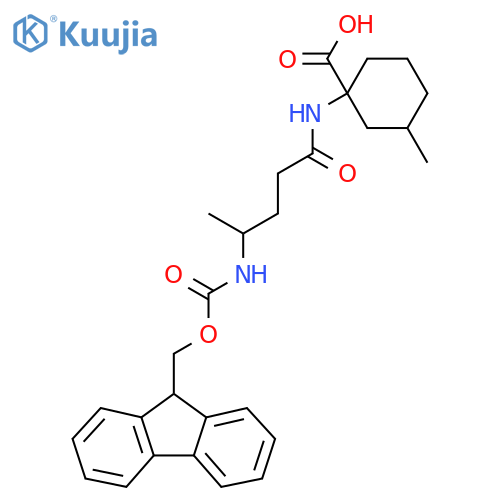 1-4-({(9H-fluoren-9-yl)methoxycarbonyl}amino)pentanamido-3-methylcyclohexane-1-carboxylic acid structure