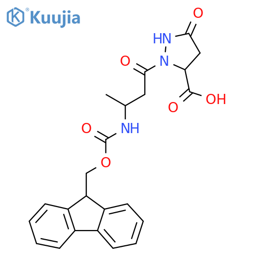 2-3-({(9H-fluoren-9-yl)methoxycarbonyl}amino)butanoyl-5-oxopyrazolidine-3-carboxylic acid structure
