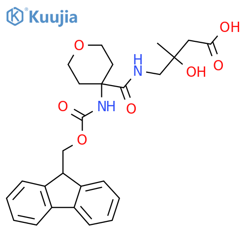 4-{4-({(9H-fluoren-9-yl)methoxycarbonyl}amino)oxan-4-ylformamido}-3-hydroxy-3-methylbutanoic acid structure