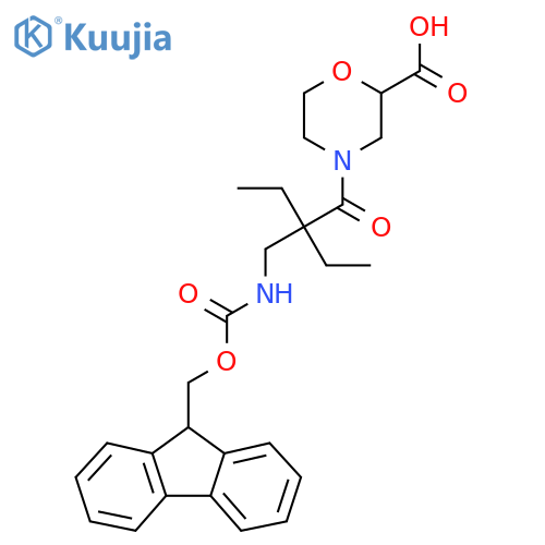 4-{2-ethyl-2-({(9H-fluoren-9-yl)methoxycarbonyl}amino)methylbutanoyl}morpholine-2-carboxylic acid structure
