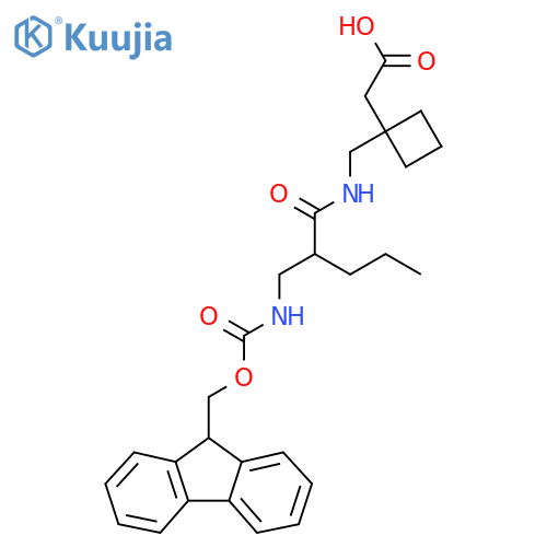 2-1-({2-({(9H-fluoren-9-yl)methoxycarbonyl}amino)methylpentanamido}methyl)cyclobutylacetic acid structure