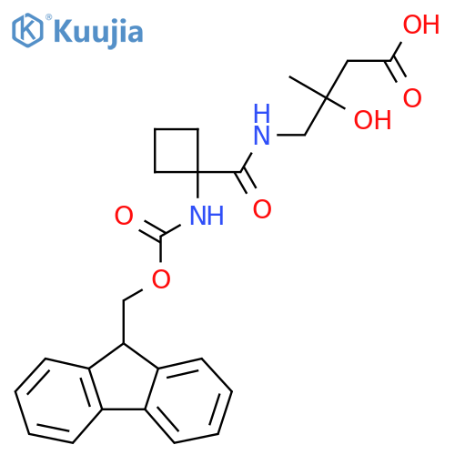 4-{1-({(9H-fluoren-9-yl)methoxycarbonyl}amino)cyclobutylformamido}-3-hydroxy-3-methylbutanoic acid structure