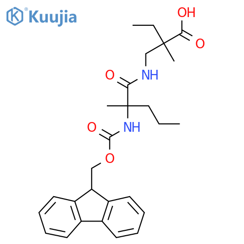 2-{2-({(9H-fluoren-9-yl)methoxycarbonyl}amino)-2-methylpentanamidomethyl}-2-methylbutanoic acid structure
