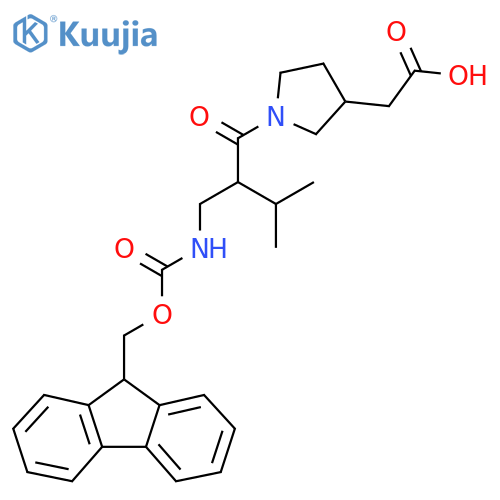 2-(1-{2-({(9H-fluoren-9-yl)methoxycarbonyl}amino)methyl-3-methylbutanoyl}pyrrolidin-3-yl)acetic acid structure