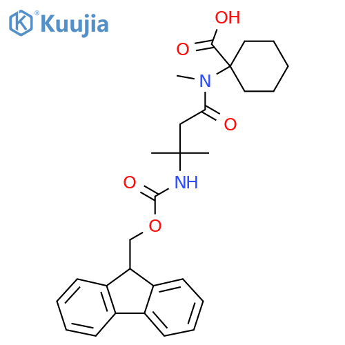 1-3-({(9H-fluoren-9-yl)methoxycarbonyl}amino)-N,3-dimethylbutanamidocyclohexane-1-carboxylic acid structure