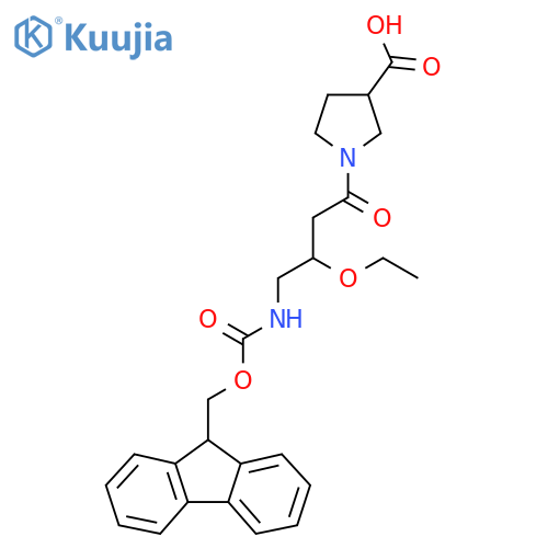 1-3-ethoxy-4-({(9H-fluoren-9-yl)methoxycarbonyl}amino)butanoylpyrrolidine-3-carboxylic acid structure