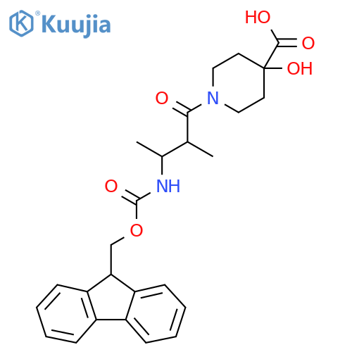 1-3-({(9H-fluoren-9-yl)methoxycarbonyl}amino)-2-methylbutanoyl-4-hydroxypiperidine-4-carboxylic acid structure