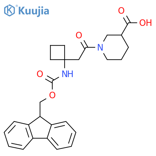 1-{2-[1-({[(9H-fluoren-9-yl)methoxy]carbonyl}amino)cyclobutyl]acetyl}piperidine-3-carboxylic acid structure