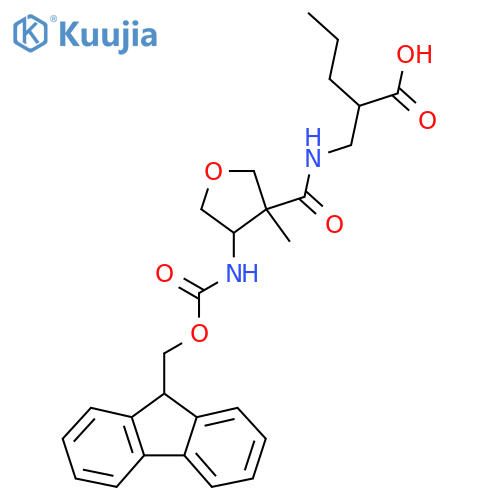 2-({4-({(9H-fluoren-9-yl)methoxycarbonyl}amino)-3-methyloxolan-3-ylformamido}methyl)pentanoic acid structure