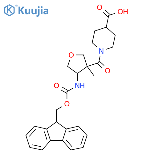 1-4-({(9H-fluoren-9-yl)methoxycarbonyl}amino)-3-methyloxolane-3-carbonylpiperidine-4-carboxylic acid structure