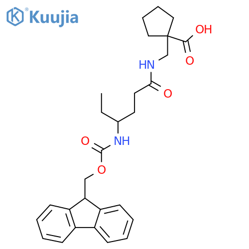 1-{4-({(9H-fluoren-9-yl)methoxycarbonyl}amino)hexanamidomethyl}cyclopentane-1-carboxylic acid structure
