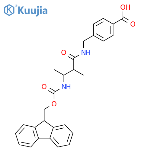 4-{3-({(9H-fluoren-9-yl)methoxycarbonyl}amino)-2-methylbutanamidomethyl}benzoic acid structure