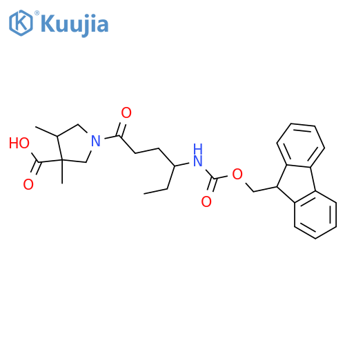 1-4-({(9H-fluoren-9-yl)methoxycarbonyl}amino)hexanoyl-3,4-dimethylpyrrolidine-3-carboxylic acid structure