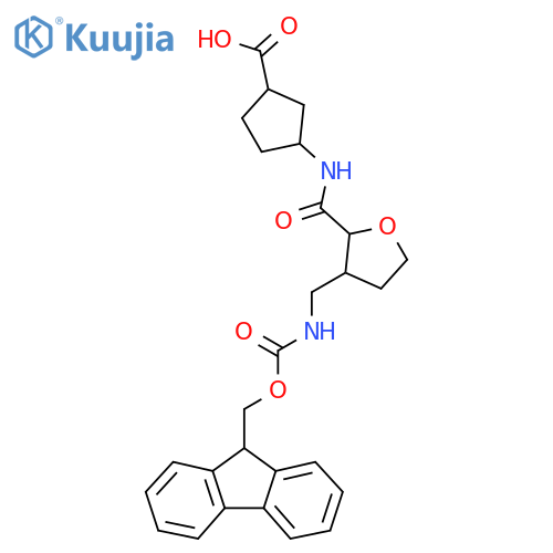 3-{3-({(9H-fluoren-9-yl)methoxycarbonyl}amino)methyloxolane-2-amido}cyclopentane-1-carboxylic acid structure