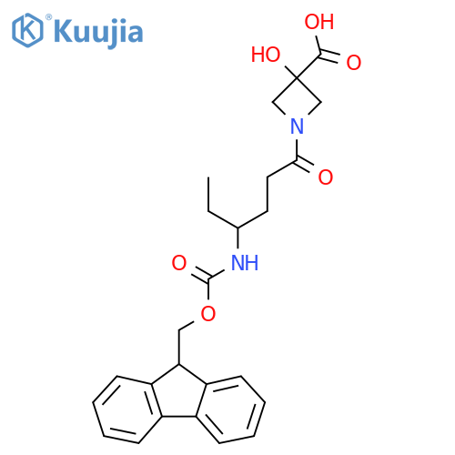 1-4-({(9H-fluoren-9-yl)methoxycarbonyl}amino)hexanoyl-3-hydroxyazetidine-3-carboxylic acid structure