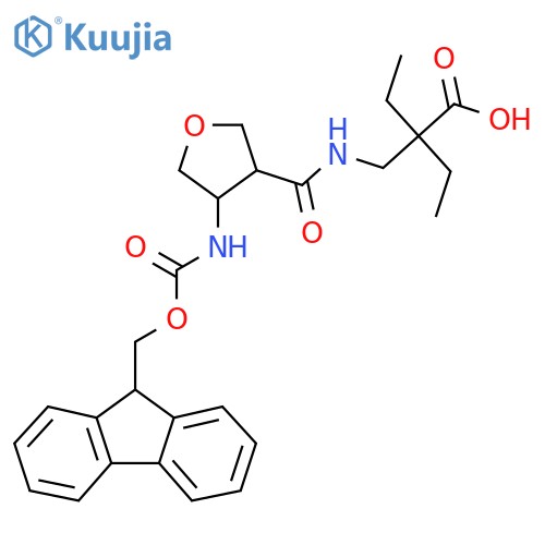 2-ethyl-2-({4-({(9H-fluoren-9-yl)methoxycarbonyl}amino)oxolan-3-ylformamido}methyl)butanoic acid structure