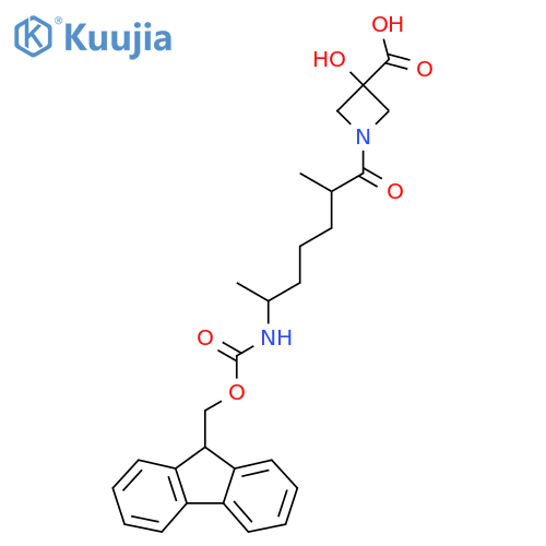1-6-({(9H-fluoren-9-yl)methoxycarbonyl}amino)-2-methylheptanoyl-3-hydroxyazetidine-3-carboxylic acid structure