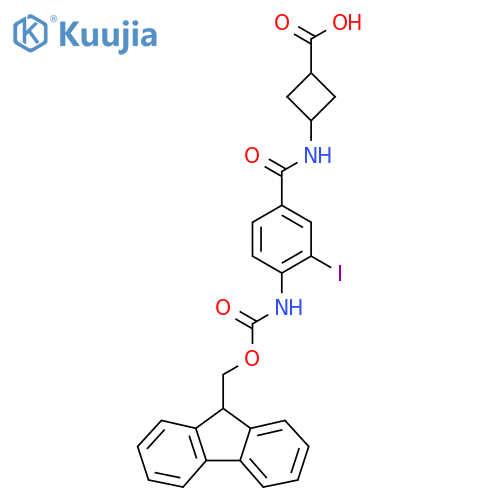 3-4-({(9H-fluoren-9-yl)methoxycarbonyl}amino)-3-iodobenzamidocyclobutane-1-carboxylic acid structure