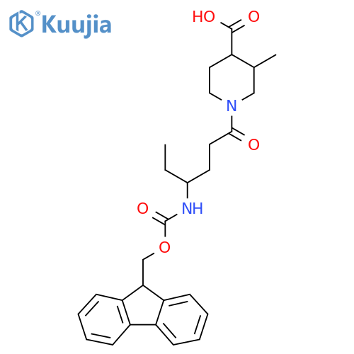 1-4-({(9H-fluoren-9-yl)methoxycarbonyl}amino)hexanoyl-3-methylpiperidine-4-carboxylic acid structure