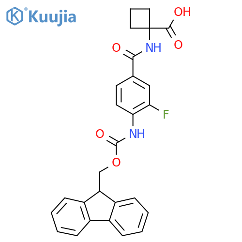 1-4-({(9H-fluoren-9-yl)methoxycarbonyl}amino)-3-fluorobenzamidocyclobutane-1-carboxylic acid structure
