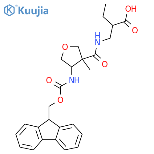 2-({4-({(9H-fluoren-9-yl)methoxycarbonyl}amino)-3-methyloxolan-3-ylformamido}methyl)butanoic acid structure