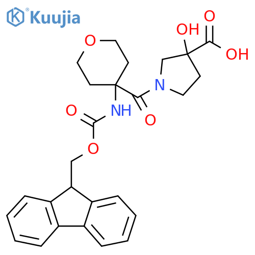 1-4-({(9H-fluoren-9-yl)methoxycarbonyl}amino)oxane-4-carbonyl-3-hydroxypyrrolidine-3-carboxylic acid structure