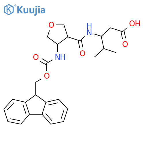 3-{4-({(9H-fluoren-9-yl)methoxycarbonyl}amino)oxolan-3-ylformamido}-4-methylpentanoic acid structure