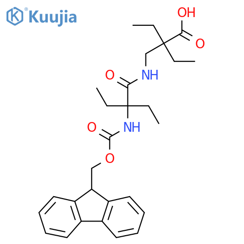 2-ethyl-2-{2-ethyl-2-({(9H-fluoren-9-yl)methoxycarbonyl}amino)butanamidomethyl}butanoic acid structure