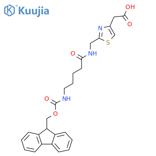2-(2-{5-({(9H-fluoren-9-yl)methoxycarbonyl}amino)pentanamidomethyl}-1,3-thiazol-4-yl)acetic acid structure