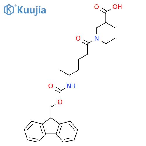 3-N-ethyl-5-({(9H-fluoren-9-yl)methoxycarbonyl}amino)hexanamido-2-methylpropanoic acid structure