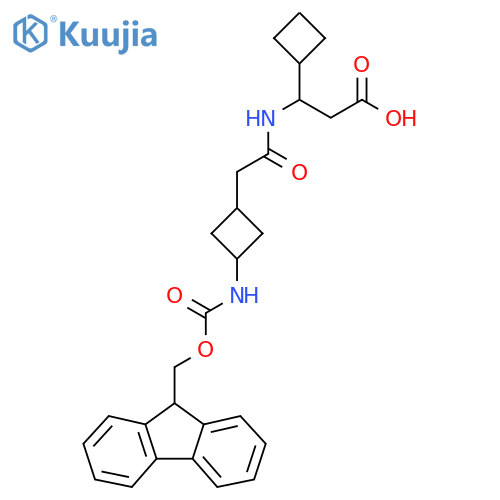 3-cyclobutyl-3-{2-3-({(9H-fluoren-9-yl)methoxycarbonyl}amino)cyclobutylacetamido}propanoic acid structure