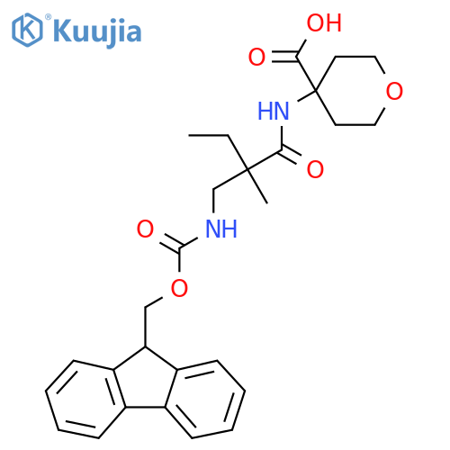 4-{2-({(9H-fluoren-9-yl)methoxycarbonyl}amino)methyl-2-methylbutanamido}oxane-4-carboxylic acid structure