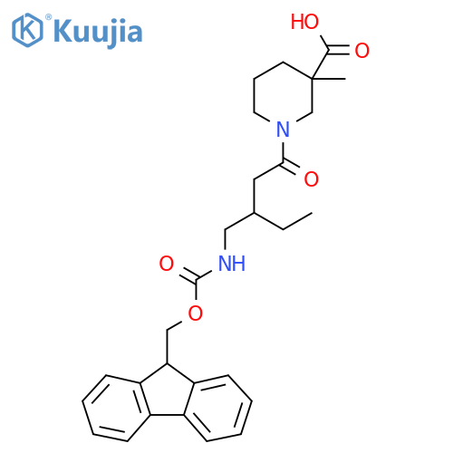 1-{3-({(9H-fluoren-9-yl)methoxycarbonyl}amino)methylpentanoyl}-3-methylpiperidine-3-carboxylic acid structure