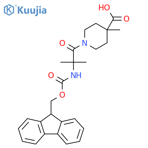 1-2-({(9H-fluoren-9-yl)methoxycarbonyl}amino)-2-methylpropanoyl-4-methylpiperidine-4-carboxylic acid structure