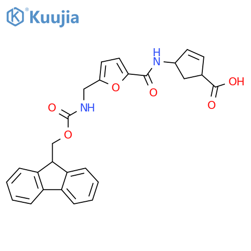 4-{5-({(9H-fluoren-9-yl)methoxycarbonyl}amino)methylfuran-2-amido}cyclopent-2-ene-1-carboxylic acid structure