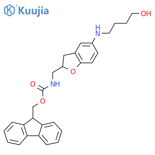 9H-fluoren-9-ylmethyl N-({5-(4-hydroxybutyl)amino-2,3-dihydro-1-benzofuran-2-yl}methyl)carbamate structure