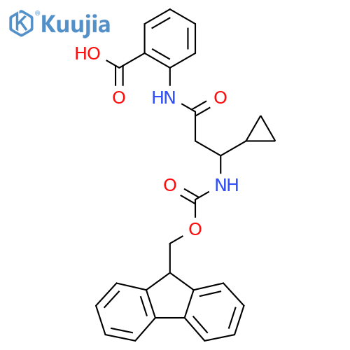 2-3-cyclopropyl-3-({(9H-fluoren-9-yl)methoxycarbonyl}amino)propanamidobenzoic acid structure