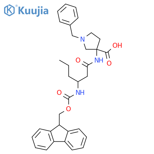 1-benzyl-3-3-({(9H-fluoren-9-yl)methoxycarbonyl}amino)hexanamidopyrrolidine-3-carboxylic acid structure